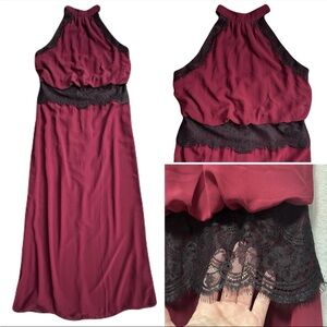 Burgundy High Neck Maxi Dress with Black Lace High Waist